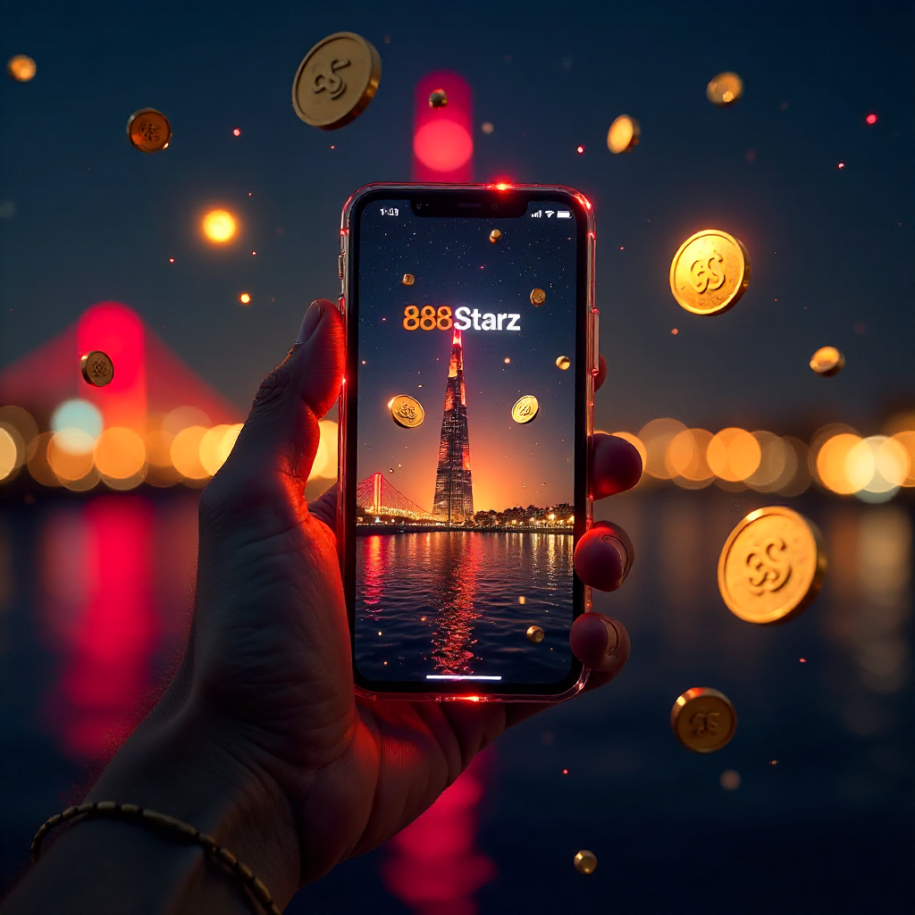 Futuristic hand holding a glass-transparent smartphone displaying 888starz official Arabic app, background is the Cairo Tower and Nile River at night with vibrant red laser beams and golden bokeh, 3D holographic gold EGP coins and soccer balls floating, n